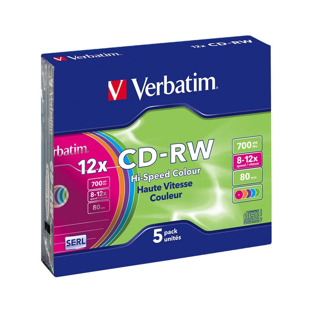 VERBATIM CD-RW 12X COLOUR SLIM TOKBAN (5)