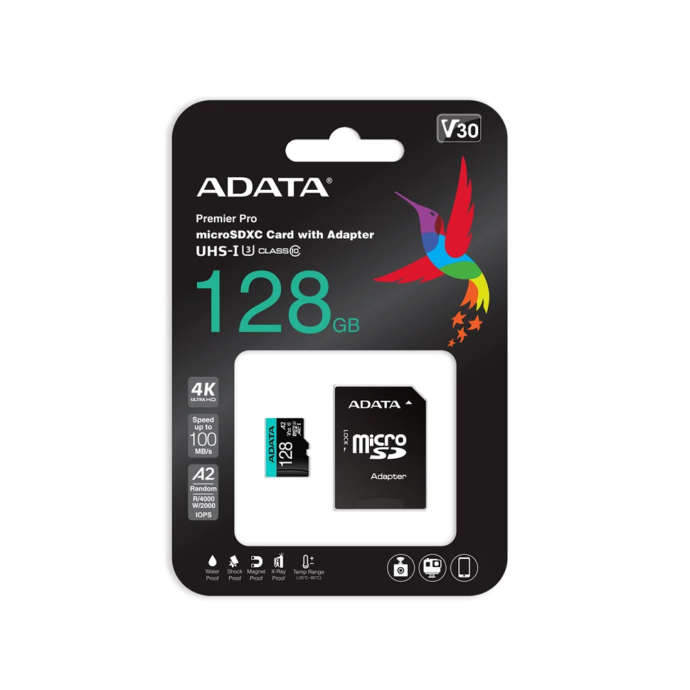ADATA PREMIER PRO MICRO SDXC 128GB + ADAPTER CLASS 10 UHS-I U3 A2 V30 100/80 MB/s