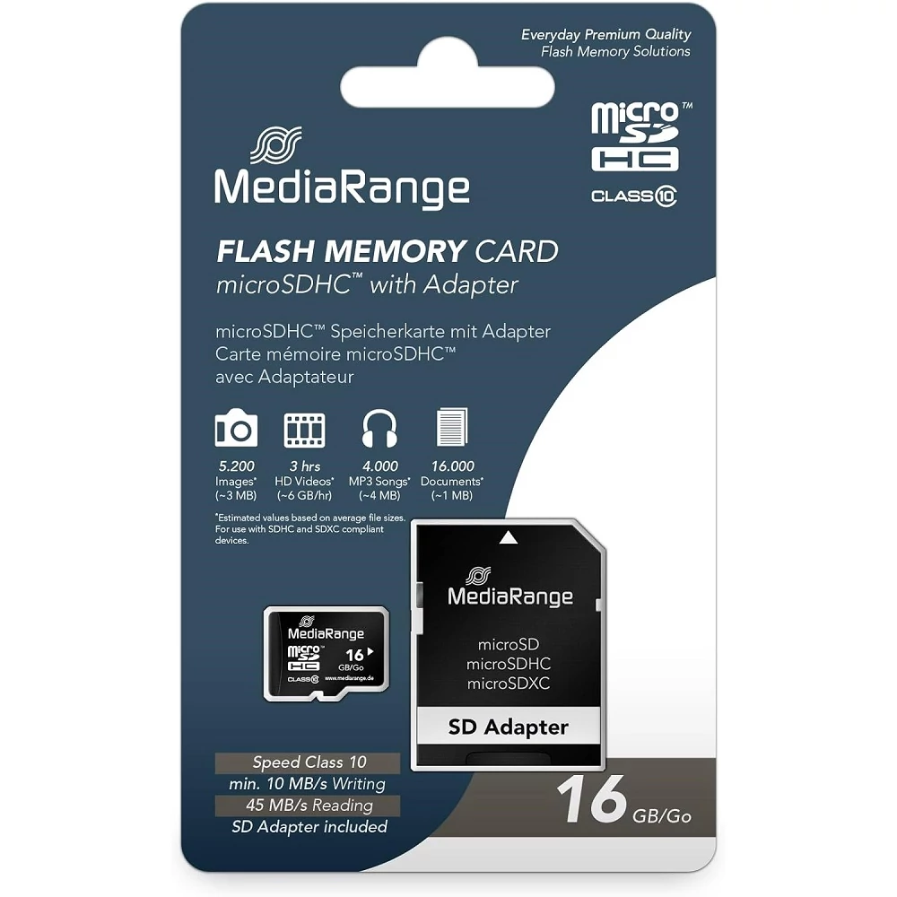 MEDIARANGE MICRO SDHC 16GB + ADAPTER CLASS 10