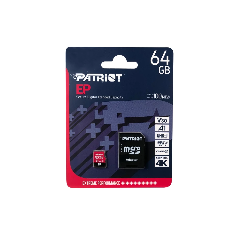 PATRIOT EP MICRO SDXC 64GB + ADAPTER CLASS 10 UHS-I U3 A1 V30 100/80 MB/s
