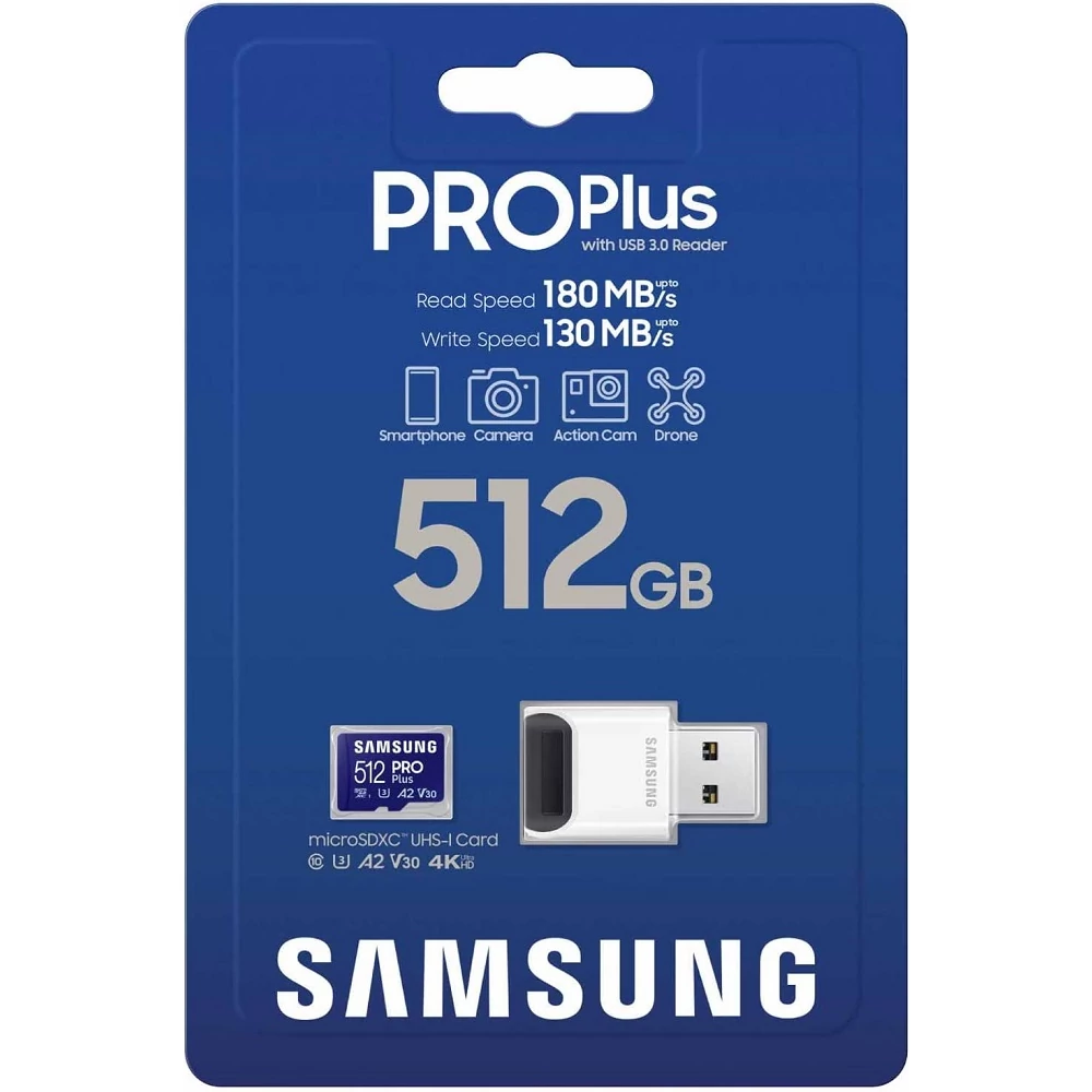 SAMSUNG PRO PLUS (2023) MICRO SDXC 512GB CLASS 10 UHS-I U3 A2 V30 180/130 MB/s + USB 3.0 MEMÓRIAKÁRTYA OLVASÓ