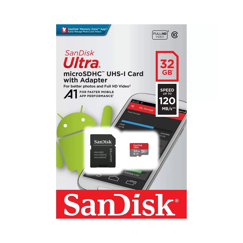 SANDISK ULTRA MICRO SDHC 32GB + ADAPTER CLASS 10 UHS-I U1 A1 ANDROID 120 MB/s