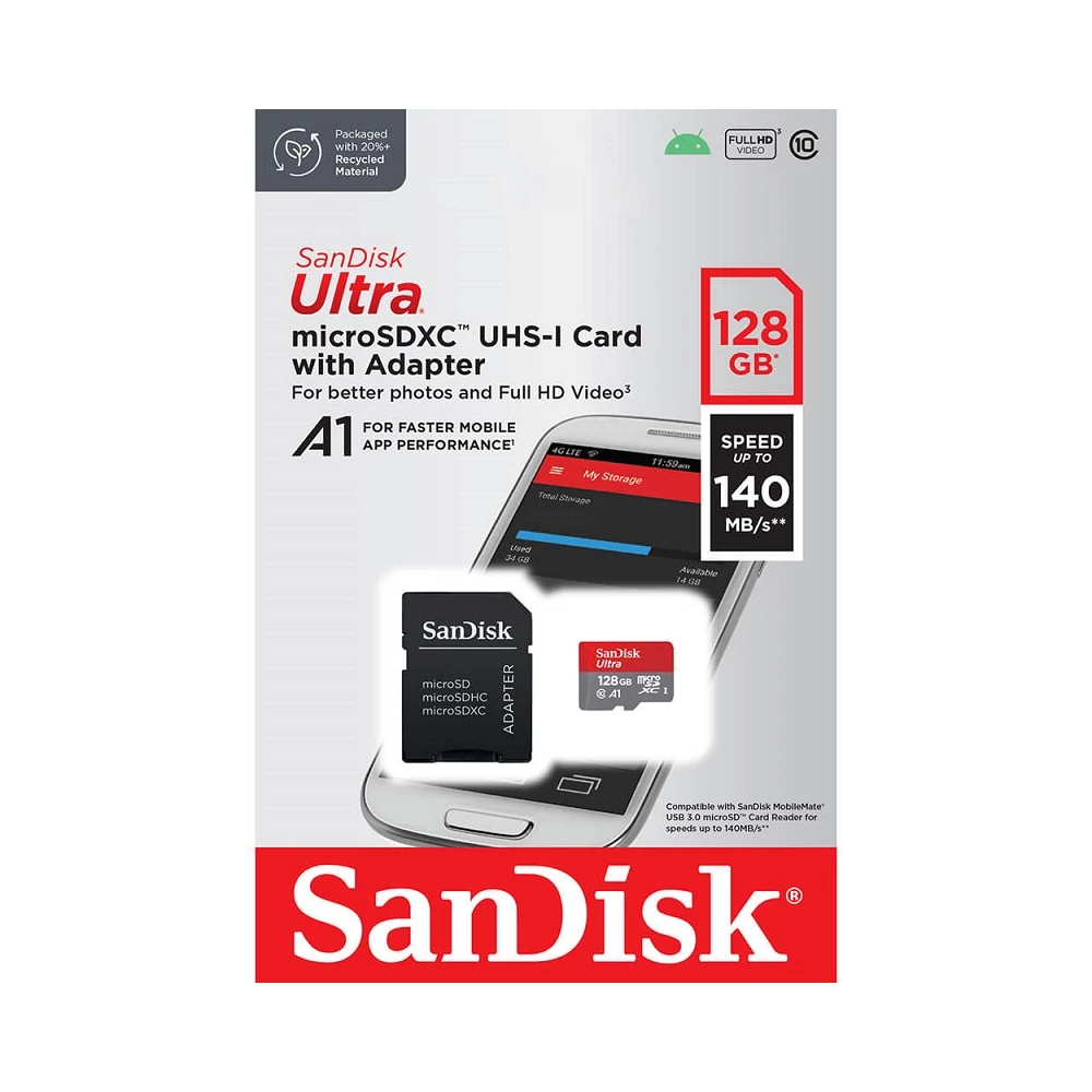 SANDISK ULTRA MICRO SDXC 128GB + ADAPTER CLASS 10 UHS-I U1 A1 140 MB/s