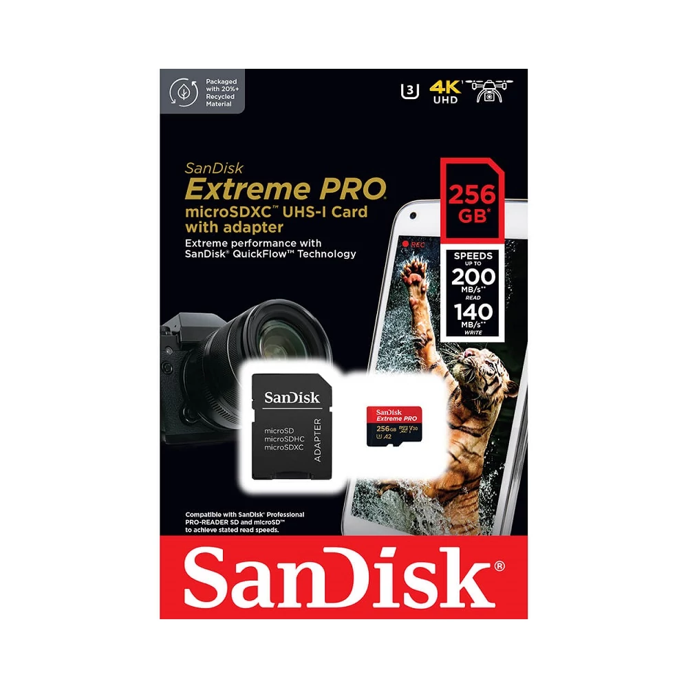 SANDISK EXTREME PRO MICRO SDXC 256GB + ADAPTER CLASS 10 UHS-I U3 A2 V30 200/140 MB/s