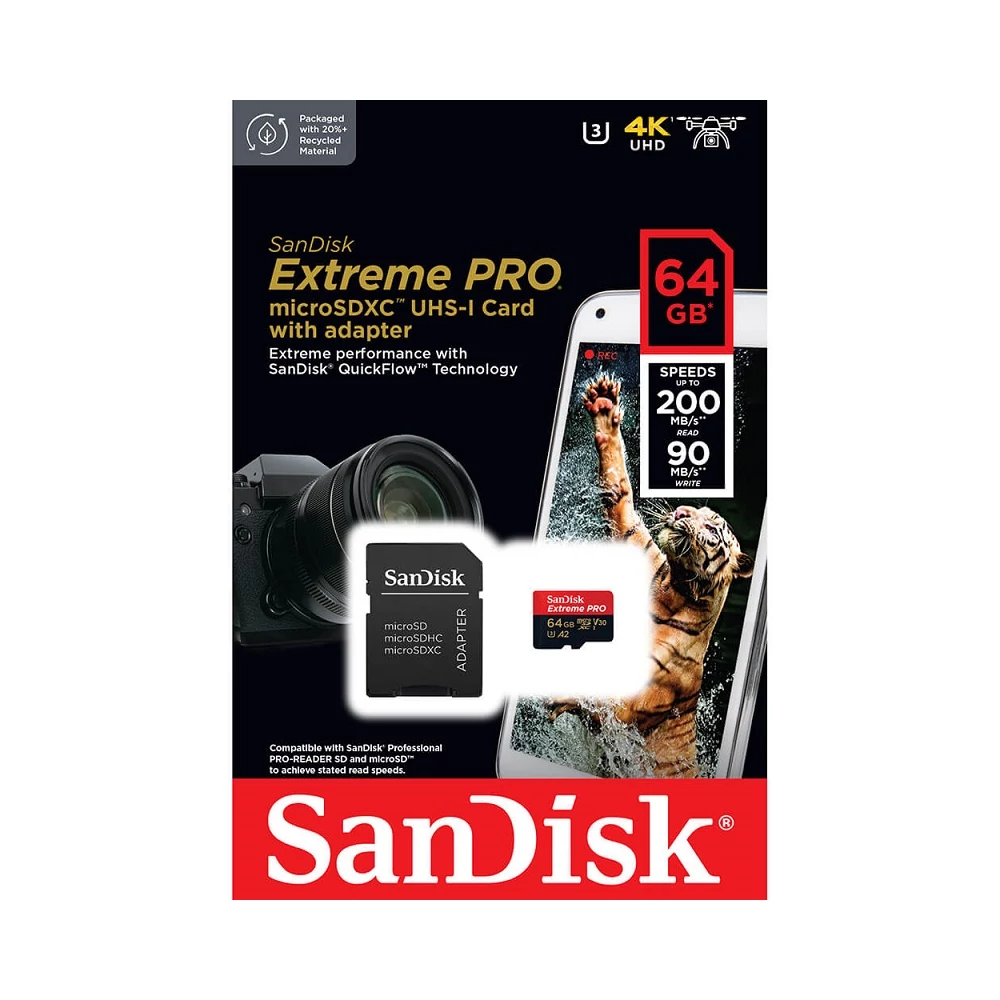 SANDISK EXTREME PRO MICRO SDXC 64GB + ADAPTER CLASS 10 UHS-I U3 A2 V30 200/90 MB/s