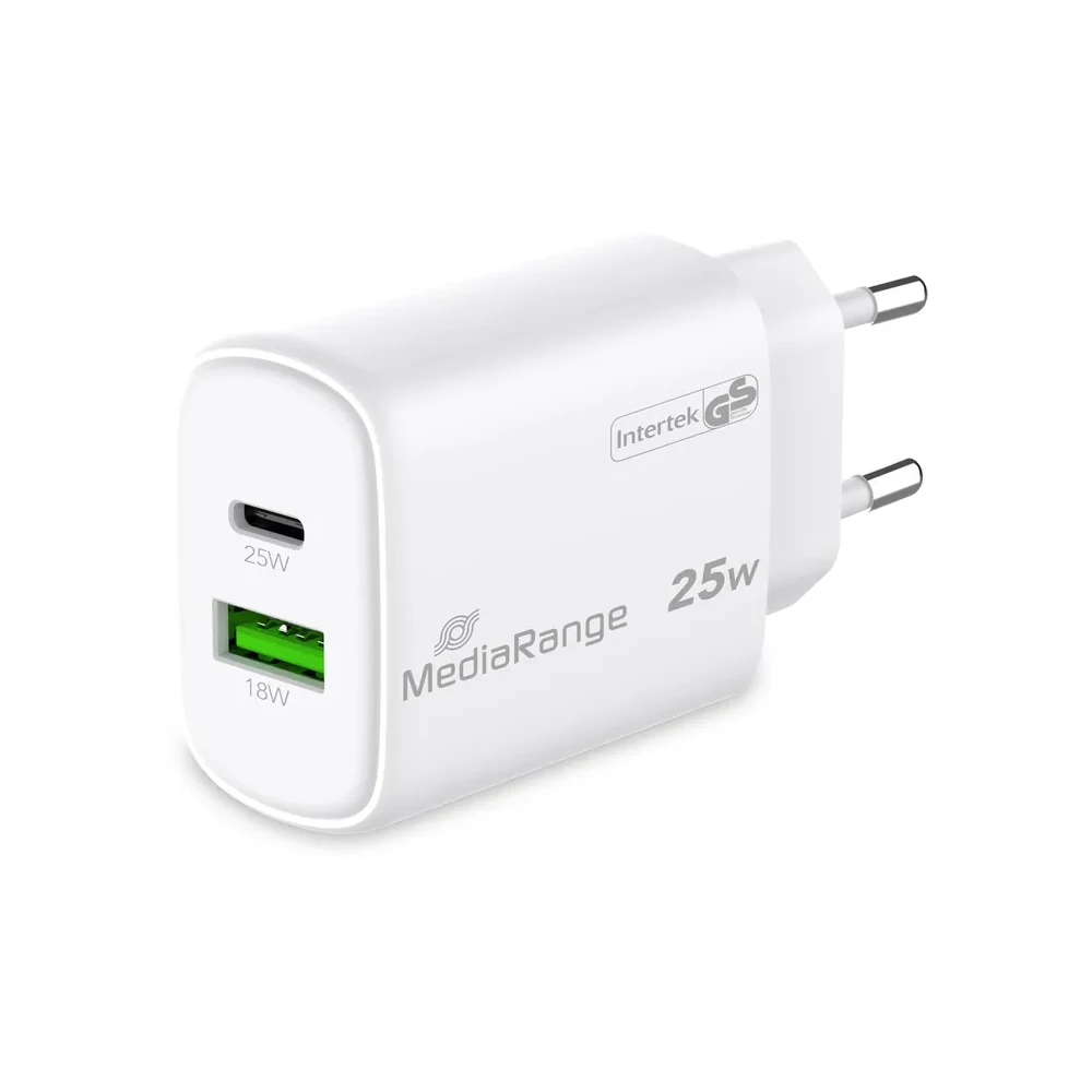 MEDIARANGE HÁLÓZATI TÖLTŐ USB-A/USB-C PD 3.0 QC 3.0 25W FEHÉR