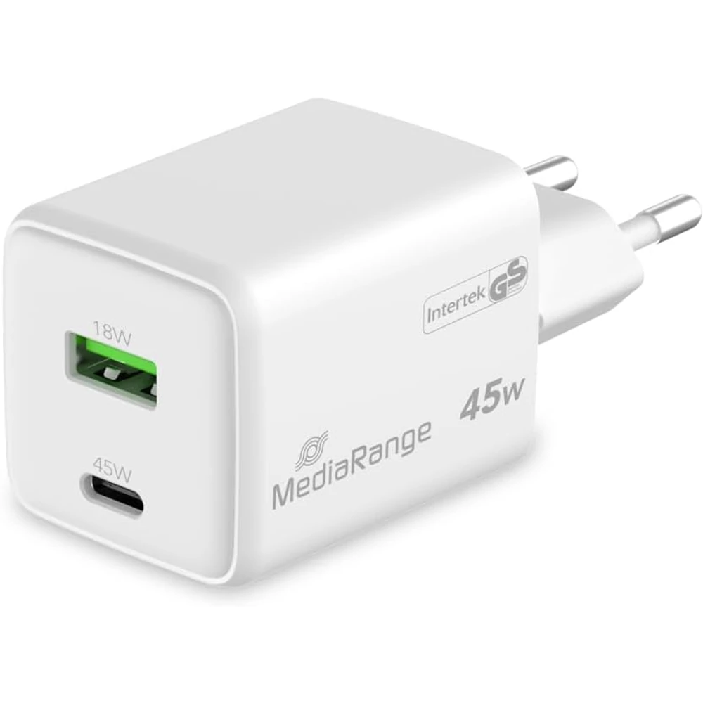MEDIARANGE HÁLÓZATI TÖLTŐ USB-C/USB-A PD 3.0 QC 3.0 45W FEHÉR
