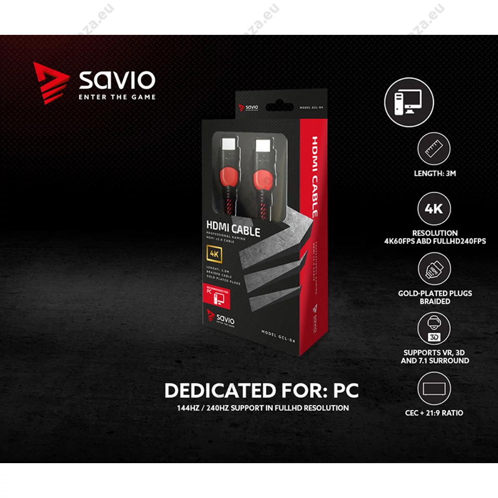 SAVIO GCL-04 GAMING FOR PC RÉZ HDMI-HDMI KÁBEL 2.0 ARANYOZOTT FONOTT NYLON PIROS/FEKETE 3m