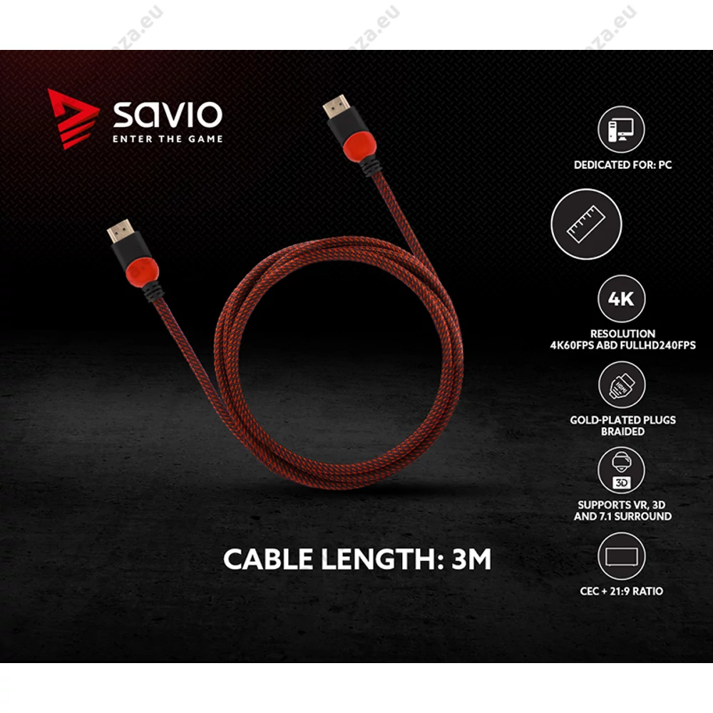 SAVIO GCL-04 GAMING FOR PC RÉZ HDMI-HDMI KÁBEL 2.0 ARANYOZOTT FONOTT NYLON PIROS/FEKETE 3m