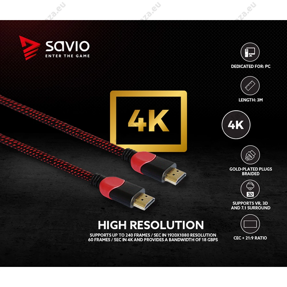 SAVIO GCL-04 GAMING FOR PC RÉZ HDMI-HDMI KÁBEL 2.0 ARANYOZOTT FONOTT NYLON PIROS/FEKETE 3m
