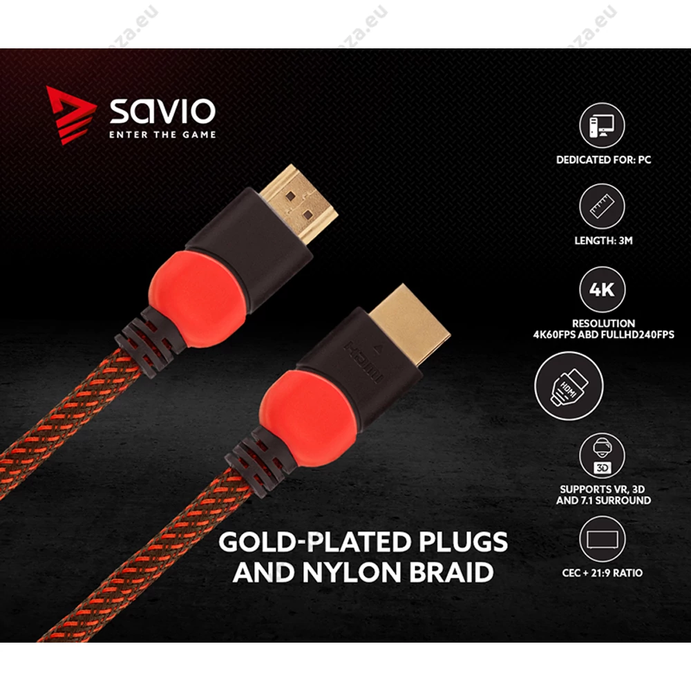 SAVIO GCL-04 GAMING FOR PC RÉZ HDMI-HDMI KÁBEL 2.0 ARANYOZOTT FONOTT NYLON PIROS/FEKETE 3m