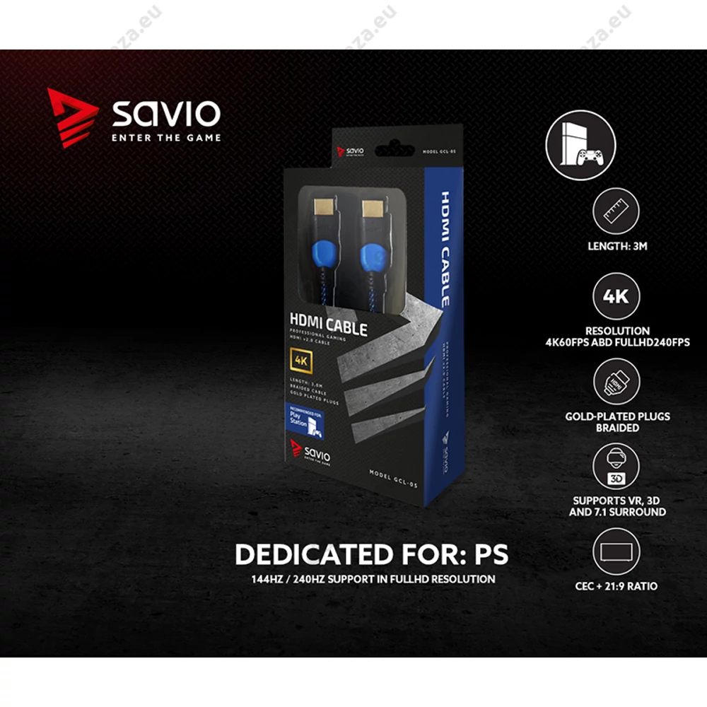 SAVIO GCL-05 GAMING FOR PLAYSTATION RÉZ HDMI-HDMI KÁBEL 2.0 ARANYOZOTT FONOTT NYLON KÉK/FEKETE 3m