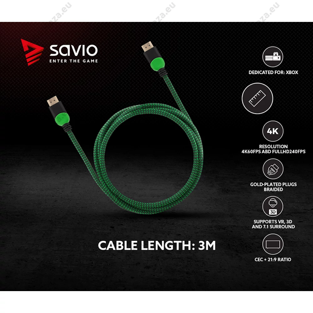 SAVIO GCL-06 GAMING FOR XBOX RÉZ HDMI-HDMI KÁBEL 2.0 ARANYOZOTT FONOTT NYLON ZÖLD/FEKETE 3m