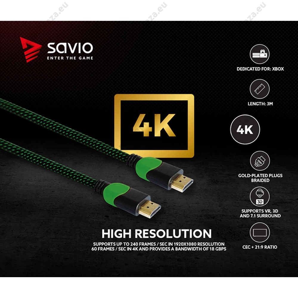 SAVIO GCL-06 GAMING FOR XBOX RÉZ HDMI-HDMI KÁBEL 2.0 ARANYOZOTT FONOTT NYLON ZÖLD/FEKETE 3m