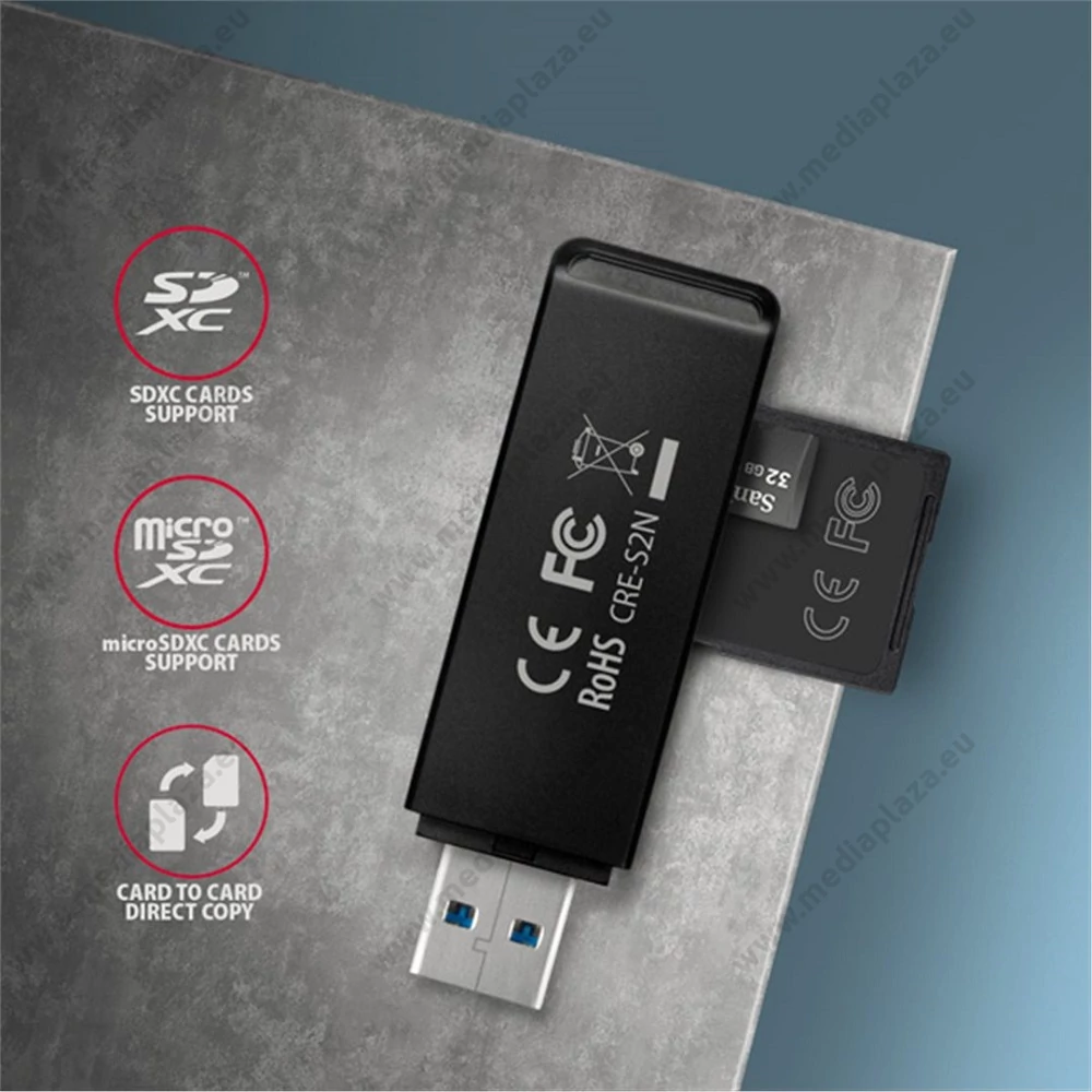 AXAGON CRE-S2N USB 3.2 GEN 1 MICRO SD/MICRO SDHC/MICRO SDXC SD/SDHC/SDXC MEMÓRIAKÁRTYA OLVASÓ FEKETE