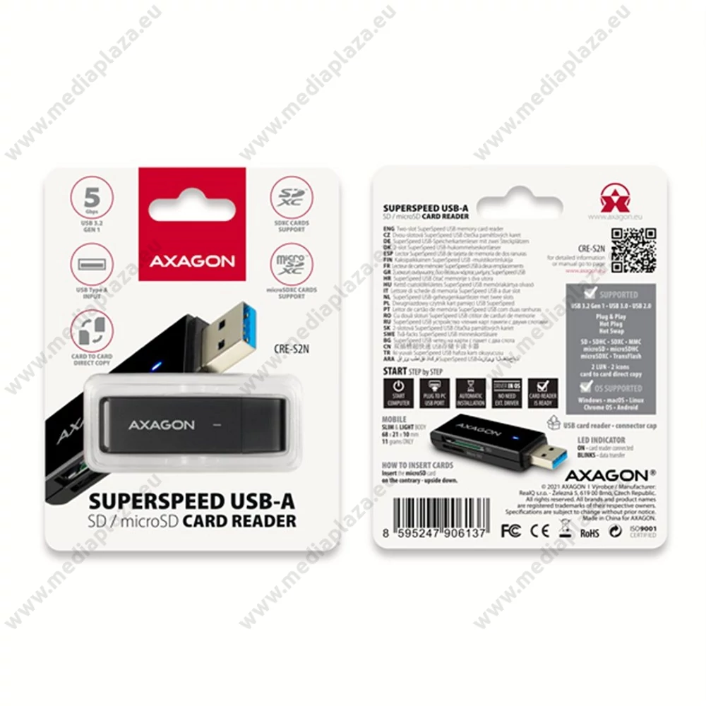 AXAGON CRE-S2N USB 3.2 GEN 1 MICRO SD/MICRO SDHC/MICRO SDXC SD/SDHC/SDXC MEMÓRIAKÁRTYA OLVASÓ FEKETE