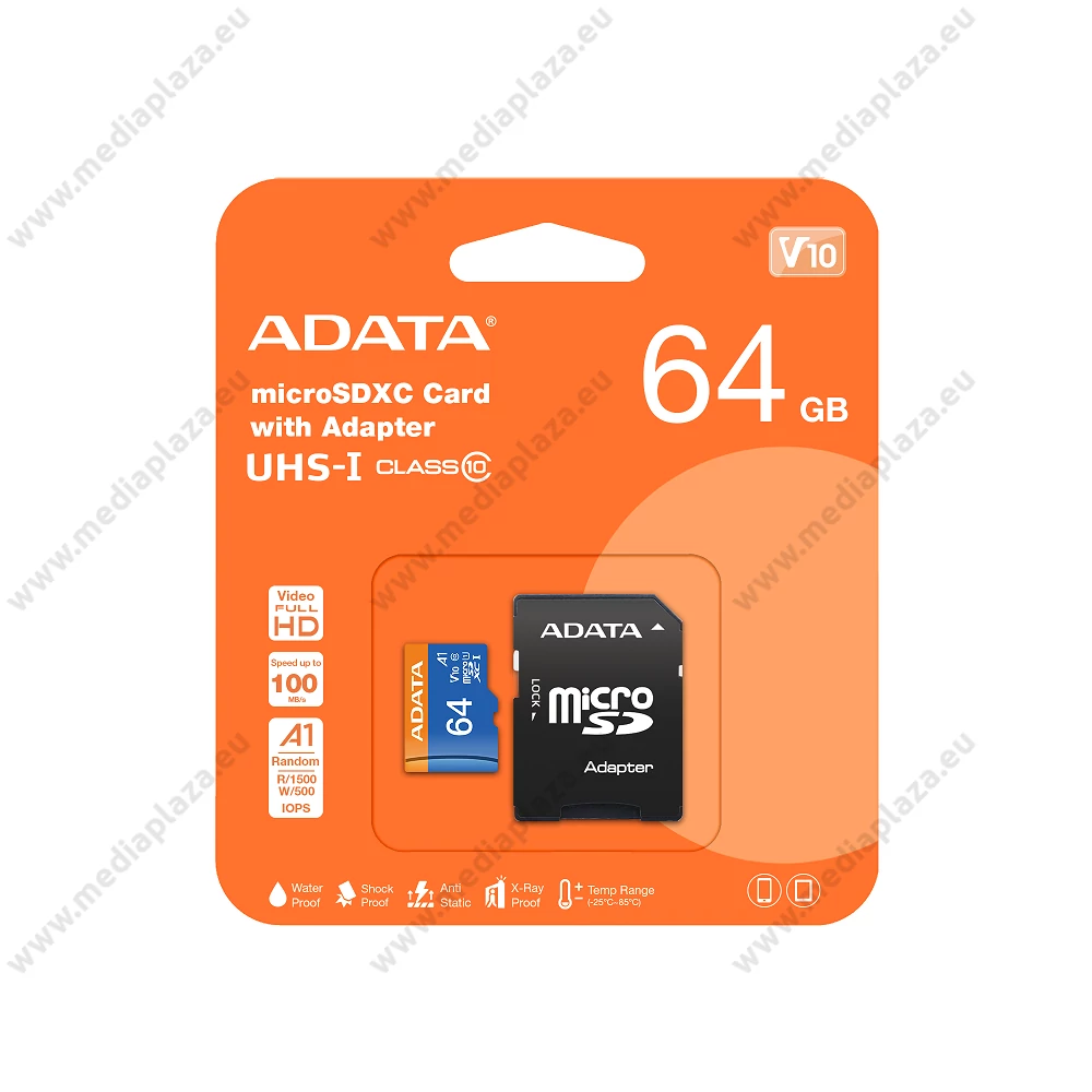 ADATA MICRO SDXC 64GB + ADAPTER CLASS 10 UHS-I U1 A1 V10 (100 MB/s OLVASÁSI SEBESSÉG)