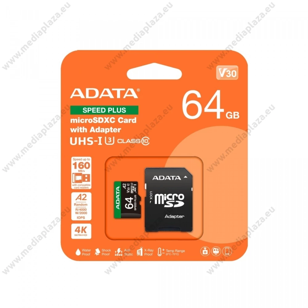ADATA SPEED PLUS MICRO SDXC 64GB + ADAPTER CLASS 10 UHS-I U3 V30 160/140 MB/s