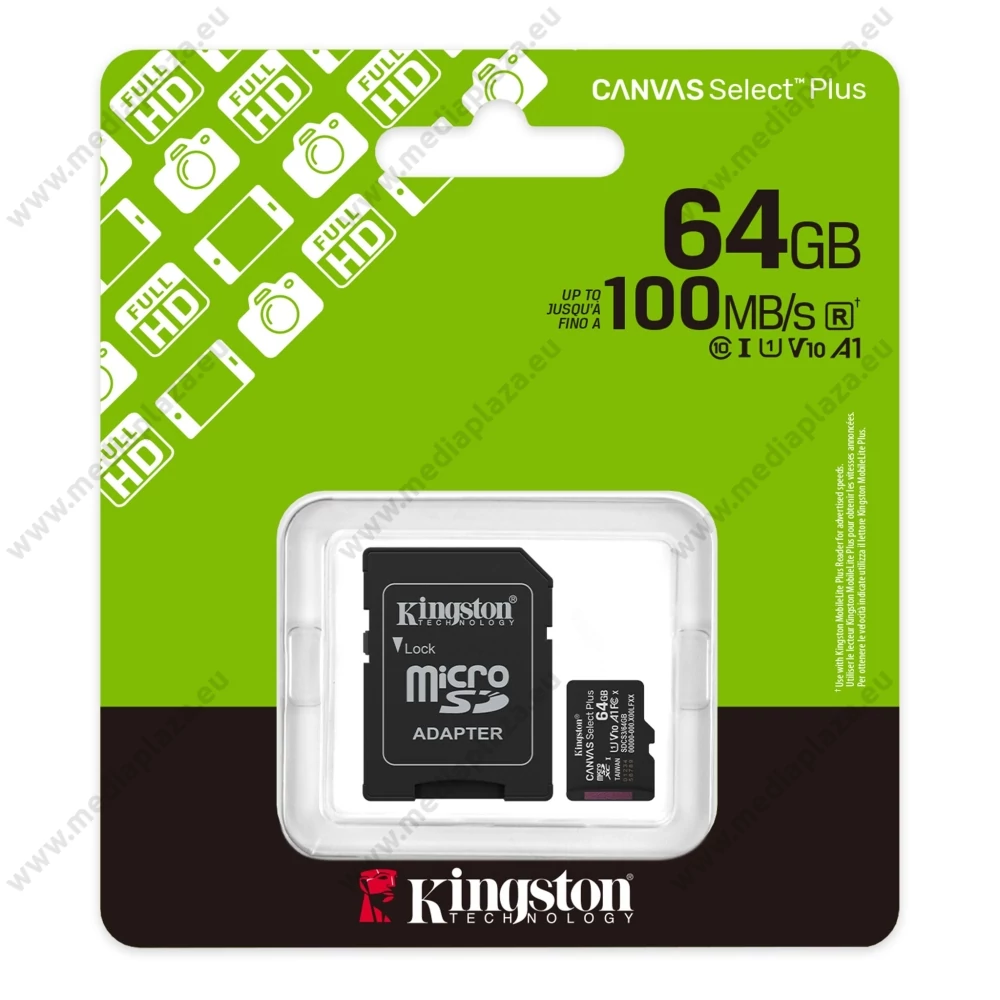 KINGSTON CANVAS SELECT PLUS MICRO SDXC 64GB + ADAPTER CLASS 10 UHS-I U1 A1 V10 (100 MB/s OLVASÁSI SEBESSÉG)
