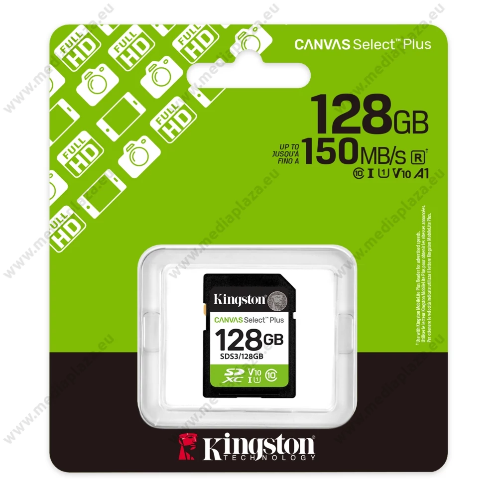 KINGSTON CANVAS SELECT PLUS SDXC 128GB CLASS 10 UHS-I U1 A1 V10 (150 MB/s OLVASÁSI SEBESSÉG)