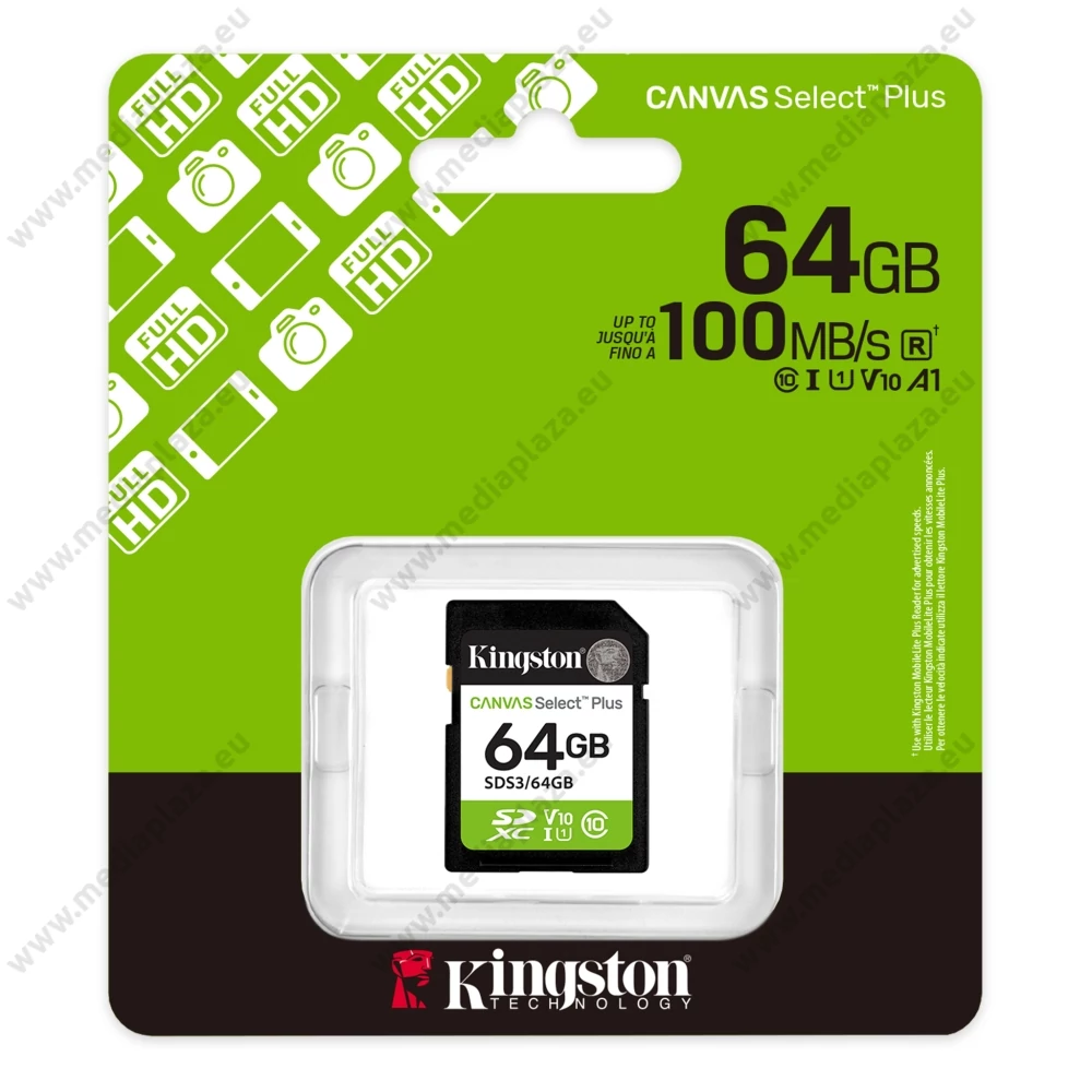 KINGSTON CANVAS SELECT PLUS SDXC 64GB CLASS 10 UHS-I U1 A1 V10 (100 MB/s OLVASÁSI SEBESSÉG)