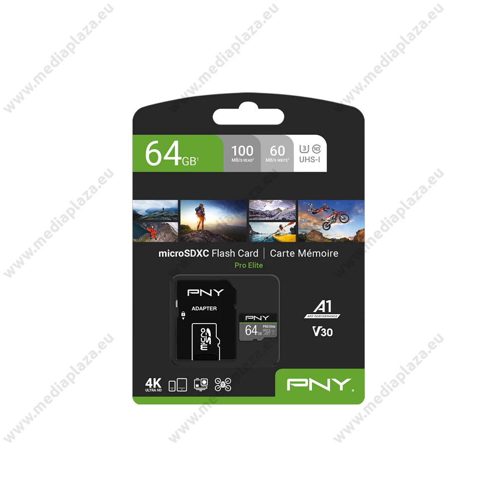 PNY PRO ELITE MICRO SDXC 64GB + ADAPTER CLASS 10 UHS-I U3 A1 V30 100/60 MB/s