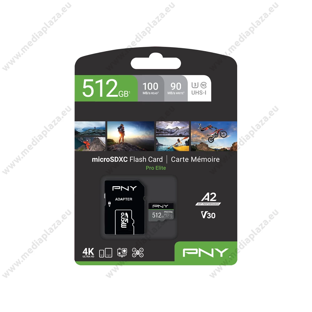 PNY PRO ELITE MICRO SDXC 512GB + ADAPTER CLASS 10 UHS-I U3 A2 V30 100/90 MB/s