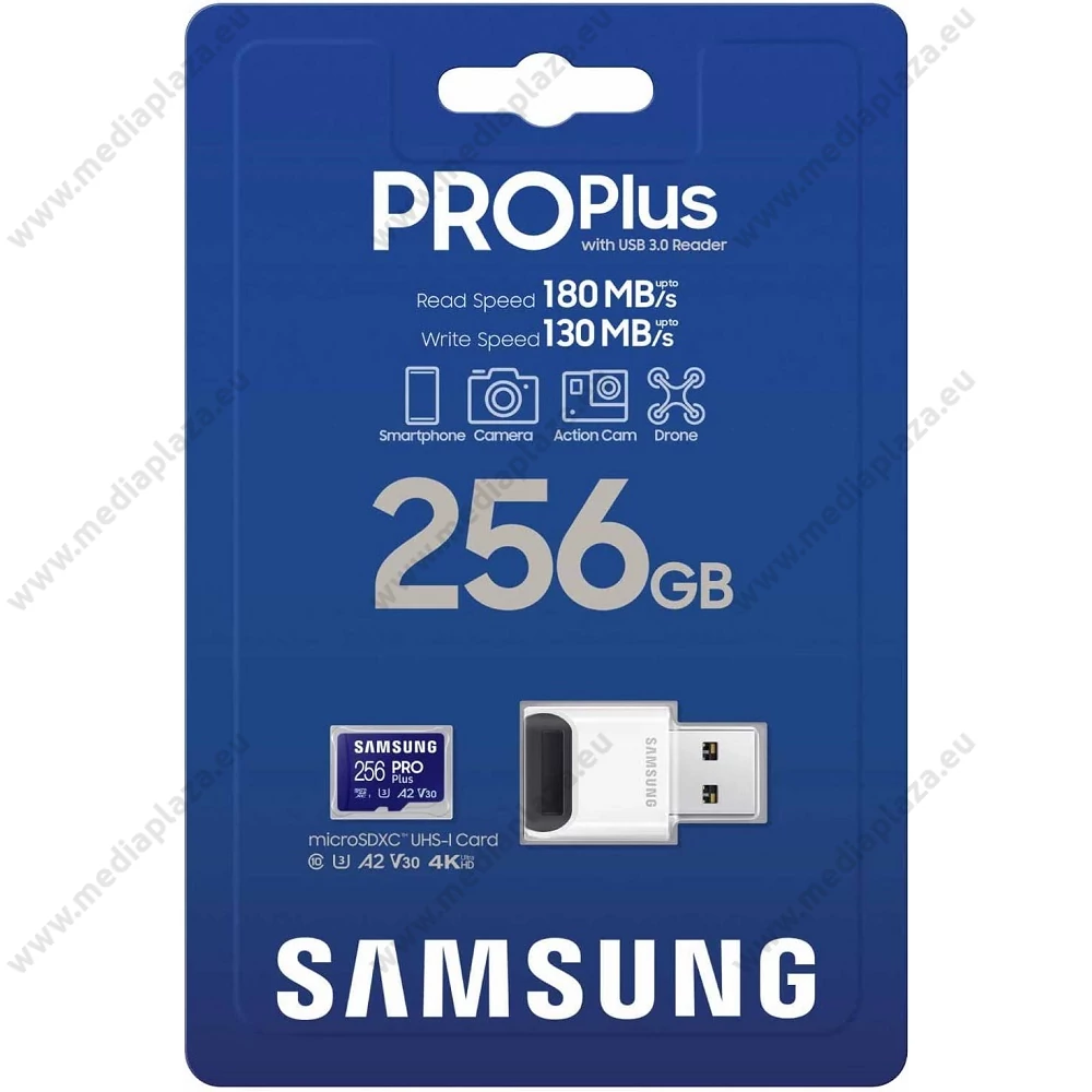 SAMSUNG PRO PLUS (2023) MICRO SDXC 256GB CLASS 10 UHS-I U3 A2 V30 180/130 MB/s + USB 3.0 MEMÓRIAKÁRTYA OLVASÓ