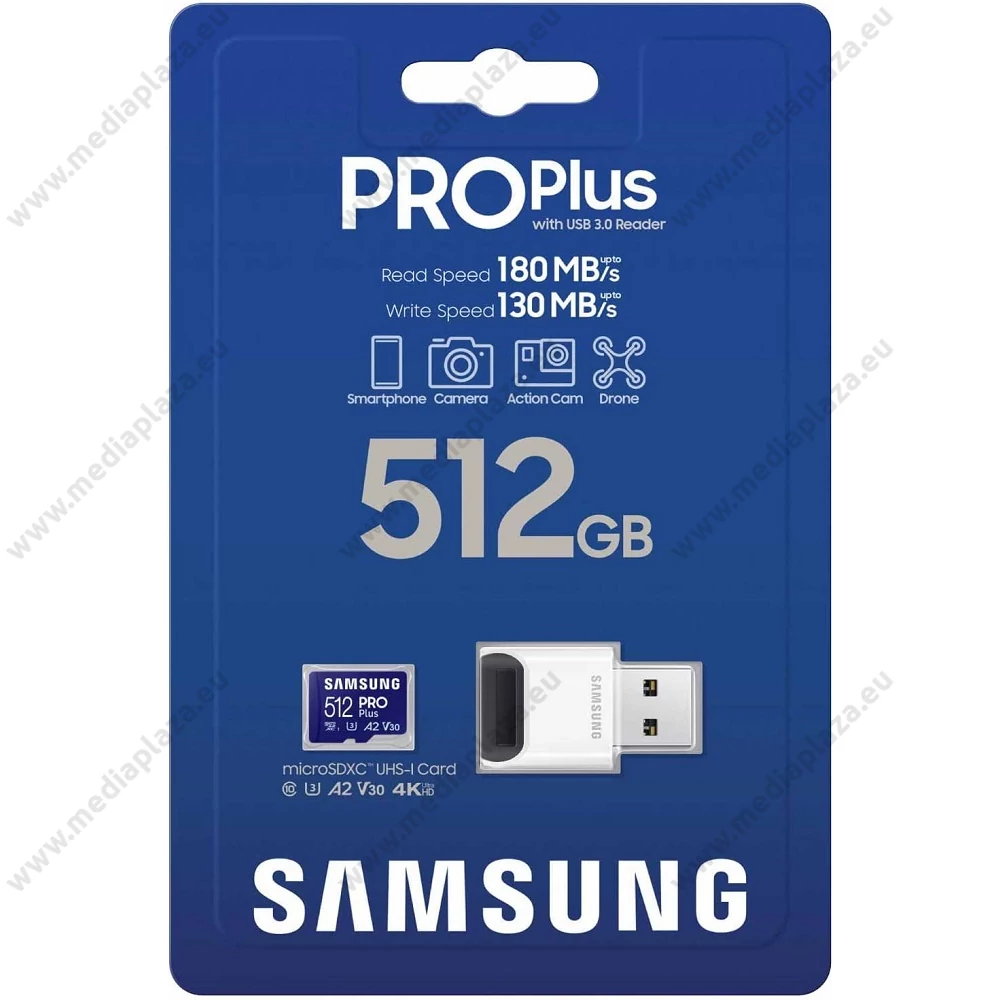 SAMSUNG PRO PLUS (2023) MICRO SDXC 512GB CLASS 10 UHS-I U3 A2 V30 180/130 MB/s + USB 3.0 MEMÓRIAKÁRTYA OLVASÓ