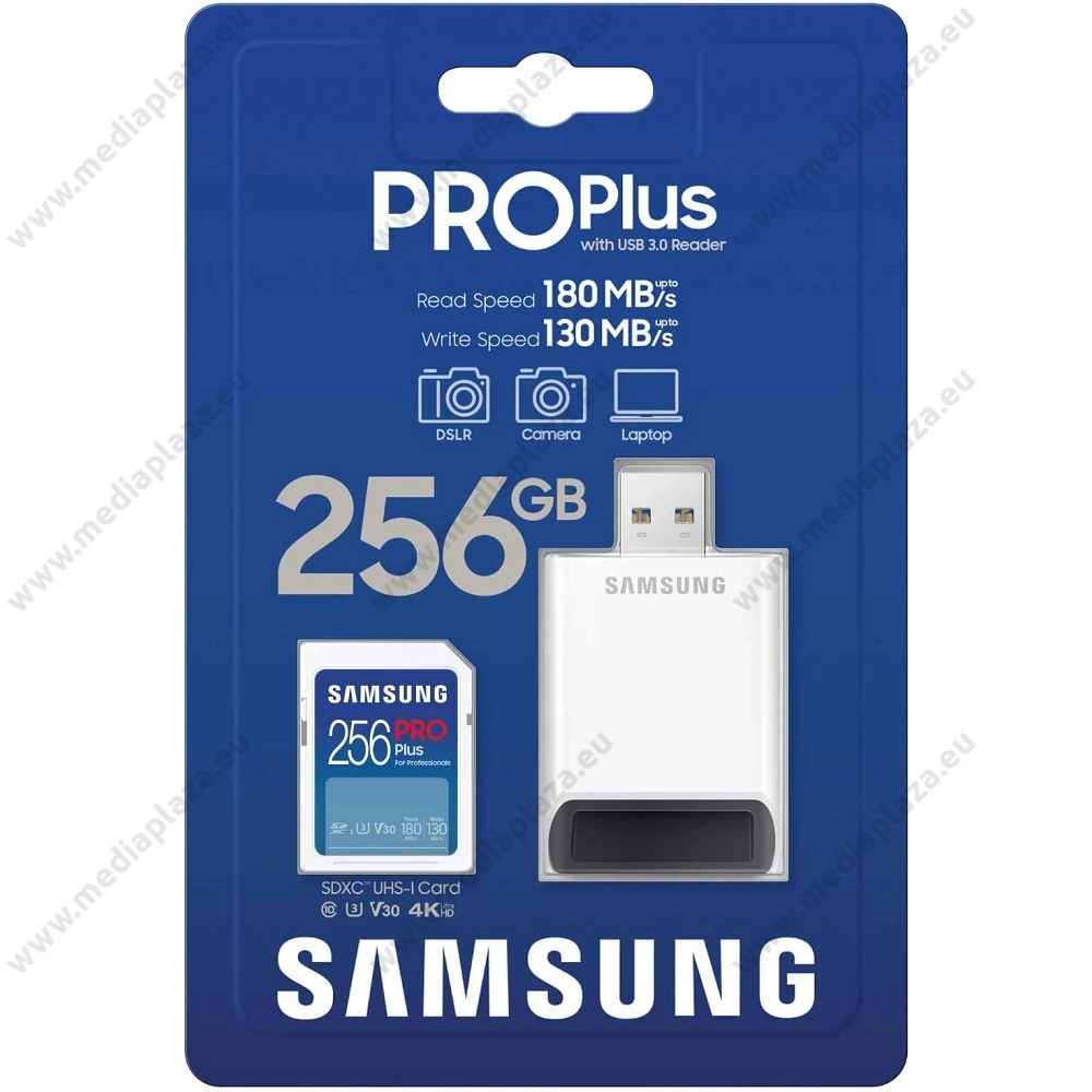 SAMSUNG PRO PLUS (2023) SDXC 256GB CLASS 10 UHS-I U3 V30 180/130 MB/s + USB 3.0 MEMÓRIAKÁRTYA OLVASÓ