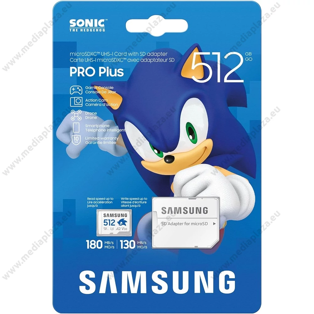 SAMSUNG PRO PLUS SONIC THE HEDGEHOG SERIES MICRO SDXC 512GB + ADAPTER CLASS 10 UHS-I U3 A2 V30 180/130 MB/s
