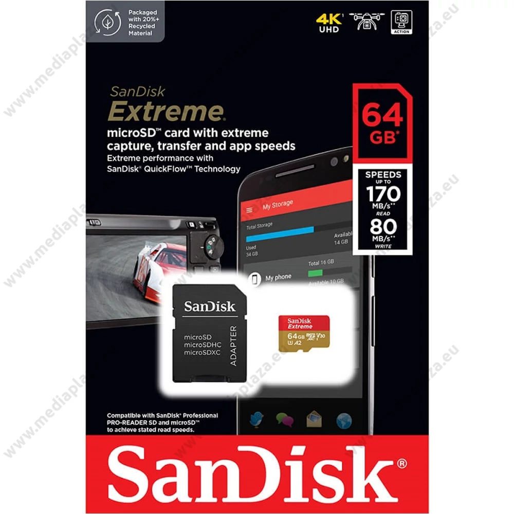 SANDISK EXTREME MOBILE MICRO SDXC 64GB + ADAPTER CLASS 10 UHS-I U3 A2 V30 170/80 MB/s