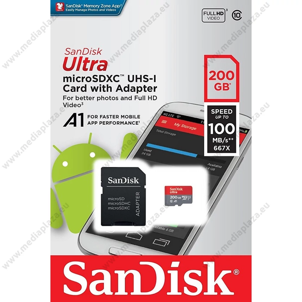 SANDISK ULTRA MICRO SDXC 200GB + ADAPTER CLASS 10 UHS-I U1 A1 ANDROID 100 MB/s