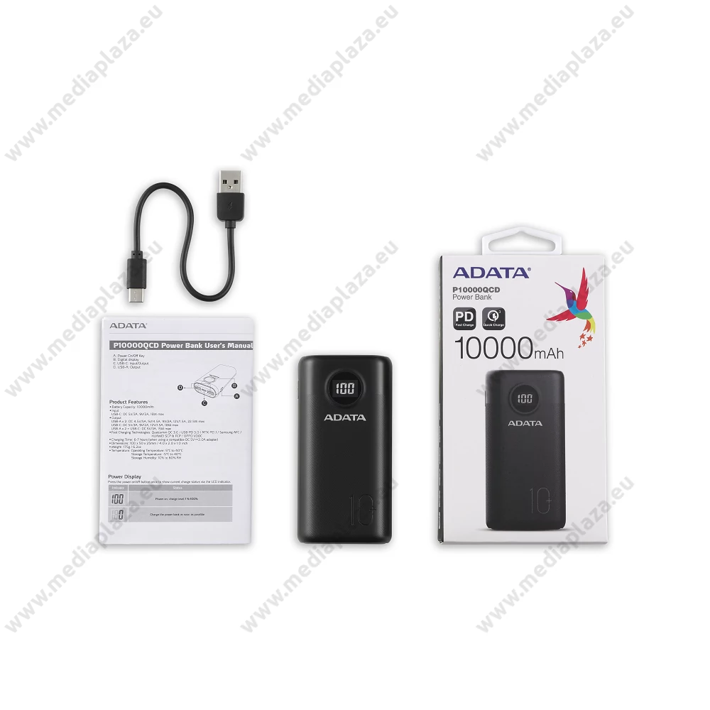 ADATA P10000QCD POWERBANK 10.000 mAh 18W QC 3.0/PD 3.0 FEKETE