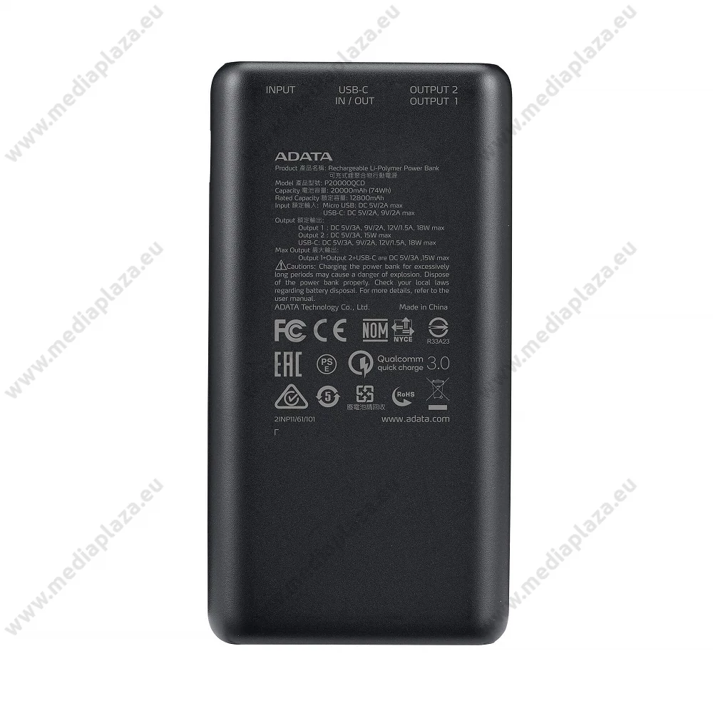 ADATA P20000QCD POWERBANK 20.000 mAh 18W QC 3.0/PD 3.0 FEKETE
