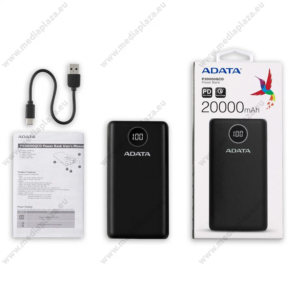 ADATA P20000QCD POWERBANK 20.000 mAh 18W QC 3.0/PD 3.0 FEKETE
