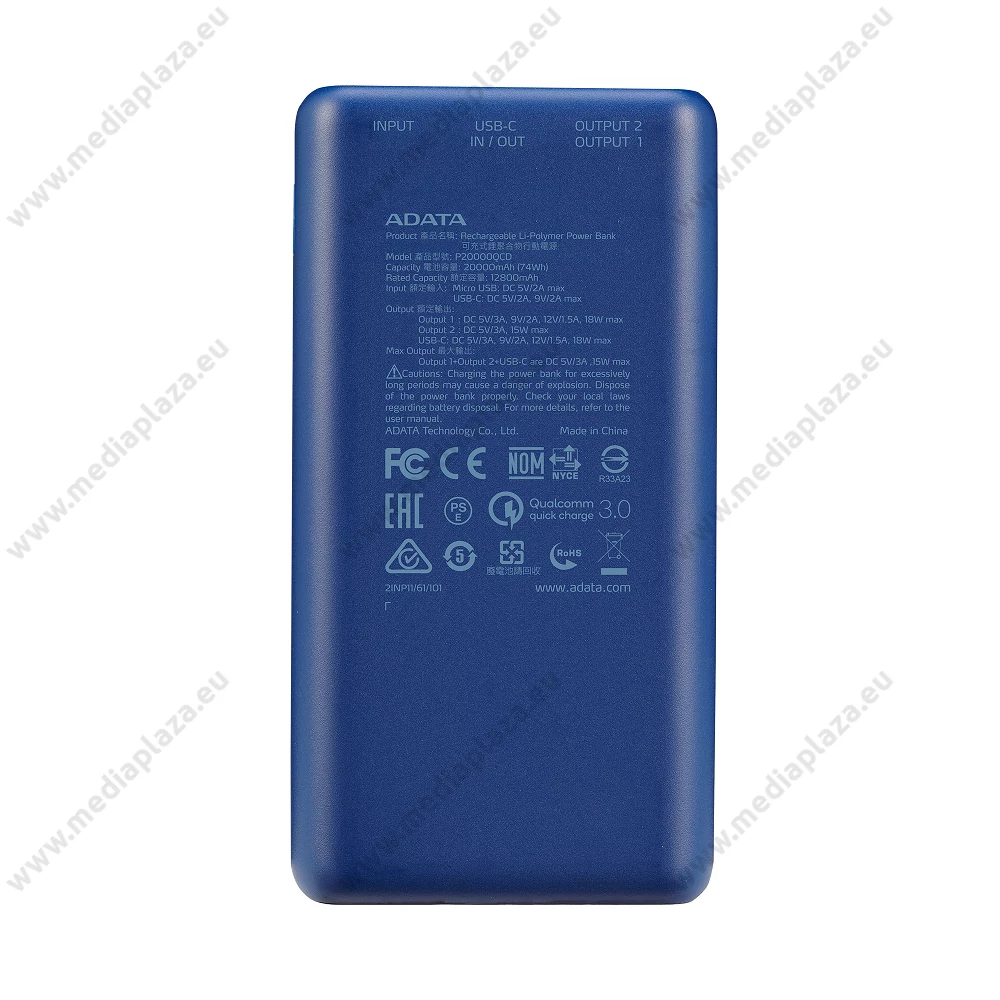 ADATA P20000QCD POWERBANK 20.000 mAh 18W QC 3.0/PD 3.0 KÉK