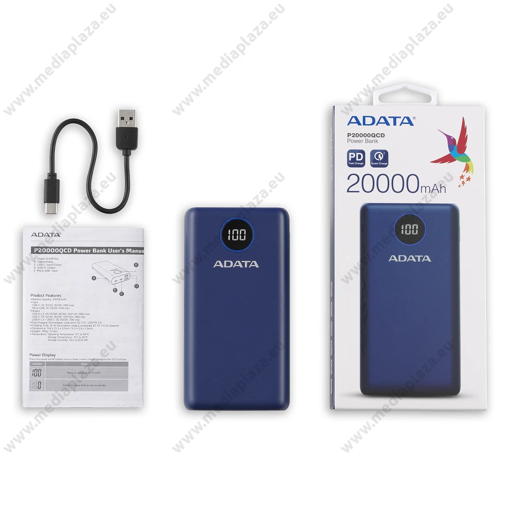 ADATA P20000QCD POWERBANK 20.000 mAh 18W QC 3.0/PD 3.0 KÉK