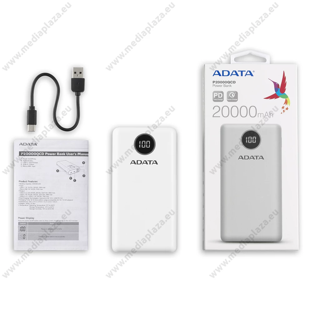 ADATA P20000QCD POWERBANK 20.000 mAh 18W QC 3.0/PD 3.0 FEHÉR
