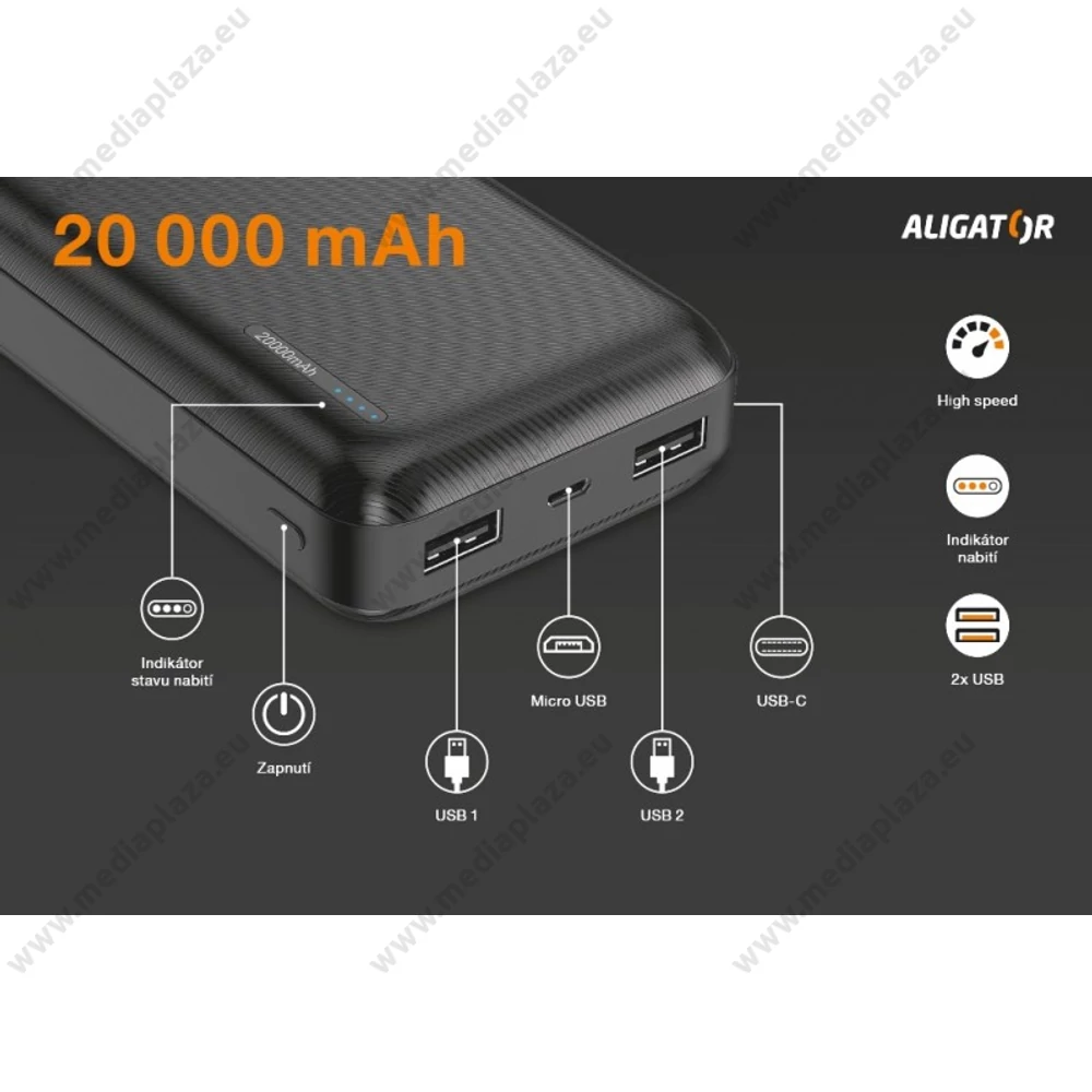 ALIGATOR PB2000 POWERBANK 20.000 mAh FEKETE