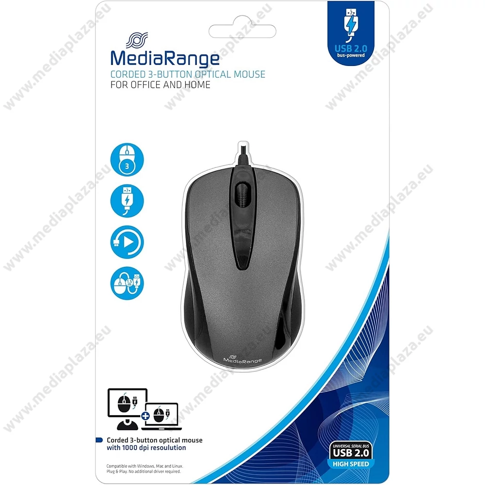 MEDIARANGE 3 GOMBOS VEZETÉKES OPTIKAI EGÉR 1000DPI FEKETE-SZÜRKE MROS201