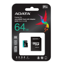 ADATA PREMIER PRO MICRO SDXC 64GB + ADAPTER CLASS 10 UHS-I U3 A2 V30 100/80 MB/s