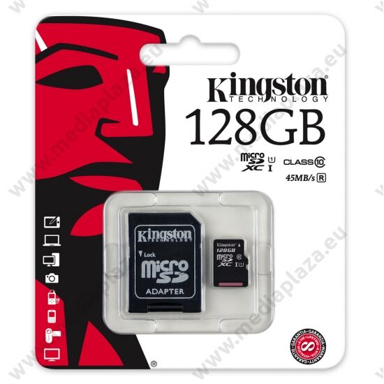 KINGSTON MICRO SDXC 128GB + ADAPTER CLASS 10 UHS-I (45 MB/s OLVASÁSI SEBESSÉG)