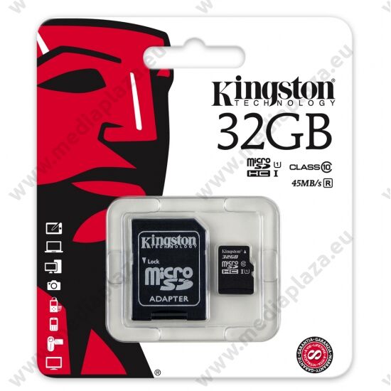 KINGSTON MICRO SDHC 32GB + ADAPTER CLASS 10 UHS-I (45 MB/s OLVASÁSI SEBESSÉG)