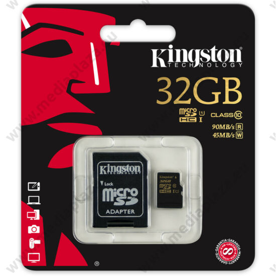 KINGSTON MICRO SDHC 32GB + ADAPTER UHS-I CLASS 10 (90 MB/s OLVASÁSI SEBESSÉG)