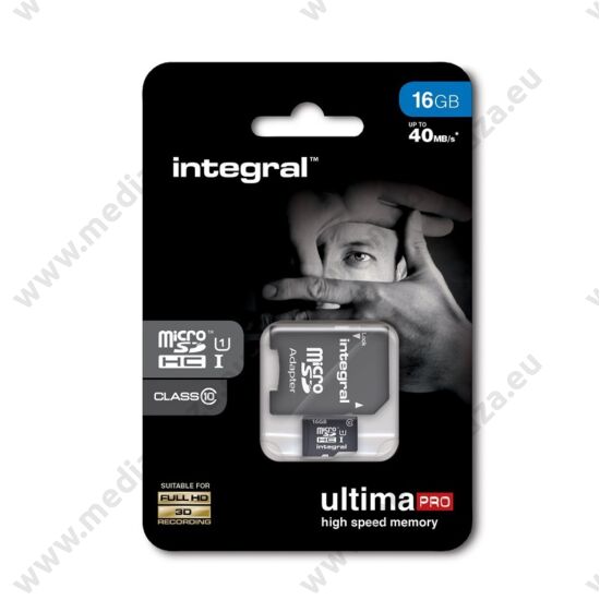 INTEGRAL MICRO SDHC 16GB + ADAPTER CLASS 10 UHS-I (40 MB/S OLVASÁSI SEBESSÉG)