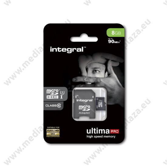 INTEGRAL ULTIMA PRO MICRO SDHC 8GB + ADAPTER CLASS 10 UHS-I U1 (90 MB/s OLVASÁSI SEBESSÉG)