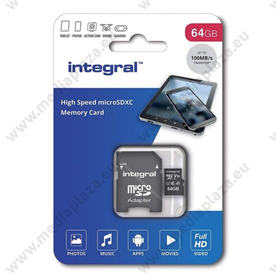 INTEGRAL MICRO SDXC 64GB + ADAPTER CLASS 10 UHS-I U1 A1 V10 (100 MB/s OLVASÁSI SEBESSÉG)
