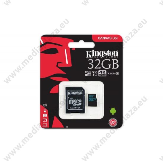 KINGSTON CANVAS GO MICRO SDHC 32GB + ADAPTER CLASS 10 UHS-I U3 V30 (90 MB/s OLVASÁSI - 45 MB/s ÍRÁSI SEBESSÉG)