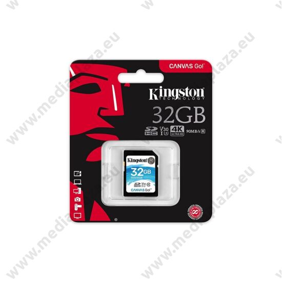 KINGSTON CANVAS GO SDHC 32GB CLASS 10 UHS-I U3 V30 (90 MB/s OLVASÁSI - 45 MB/s ÍRÁSI SEBESSÉG)